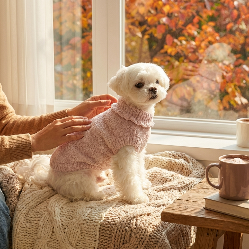 Small dog in the pink Maple fleece dog sweater by a sunny window