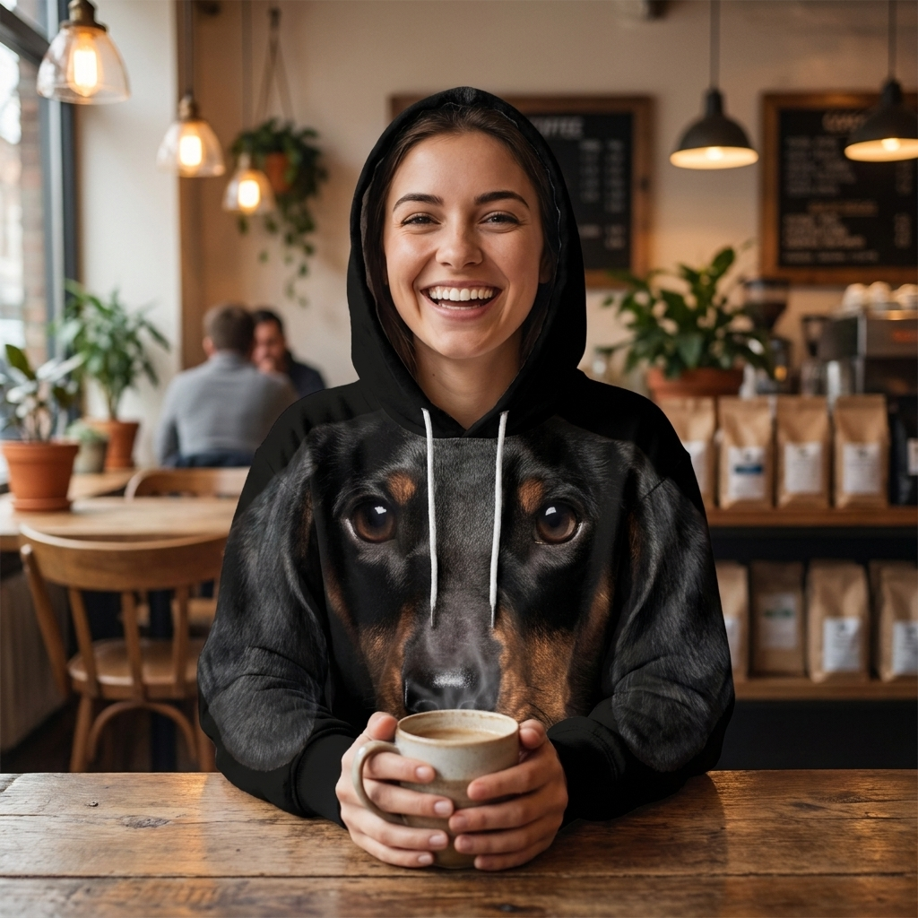 Woman wearing the Dachshund all-over-print hoodie at a cafe