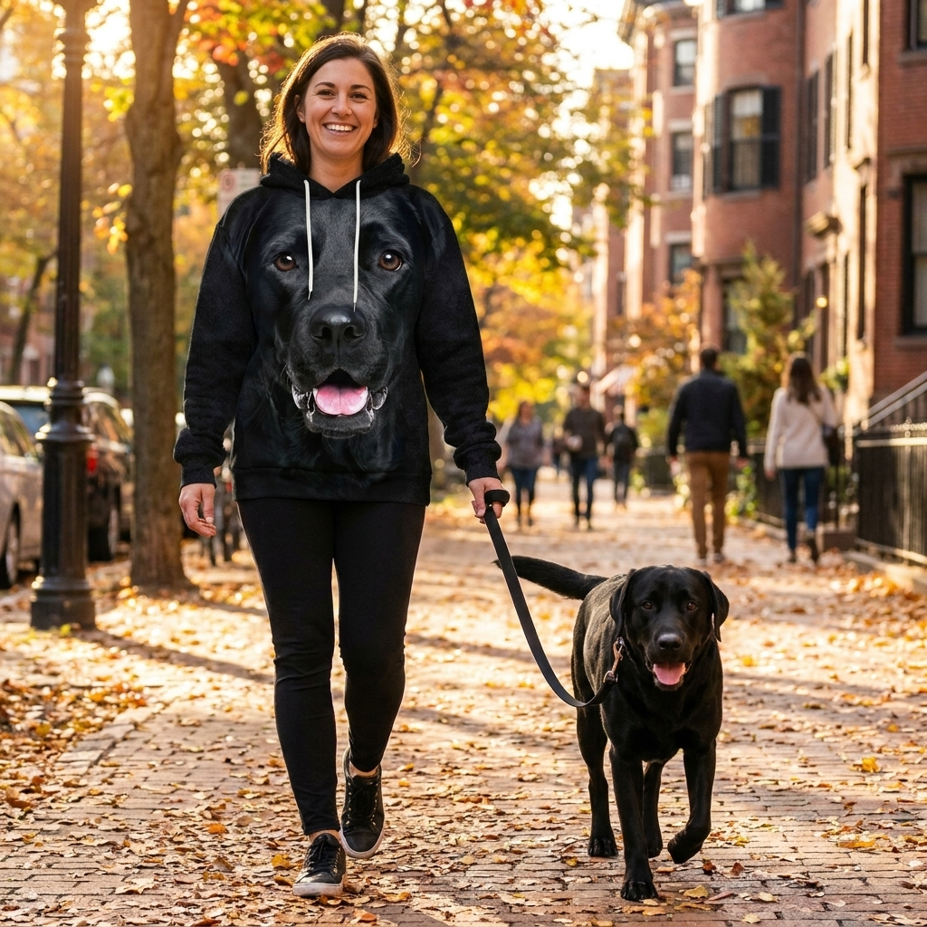 Woman walking a black Labrador while wearing the black Labrador all-over-print hoodie