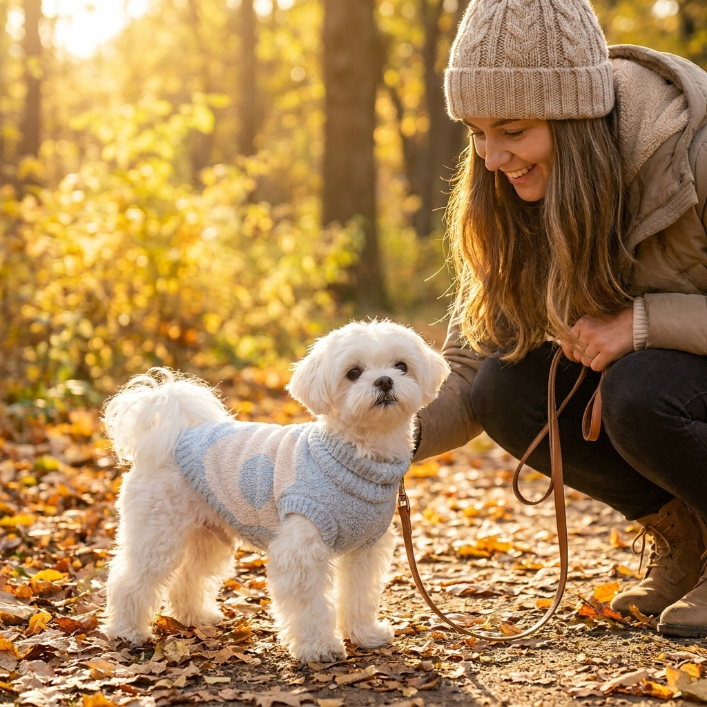 Small dog in the blue Maple fleece dog sweater on an autumn walk
