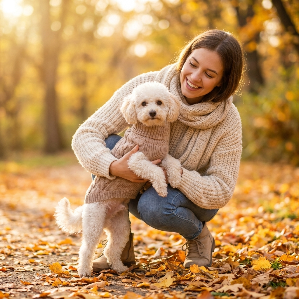 Woman cuddling her dog in a tan Heather Knit Dog Sweater on an autumn walk