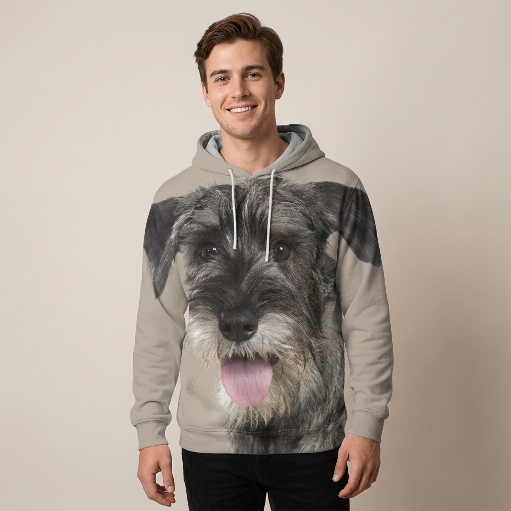 Man wearing the Schnauzer Big Face all-over-print hoodie