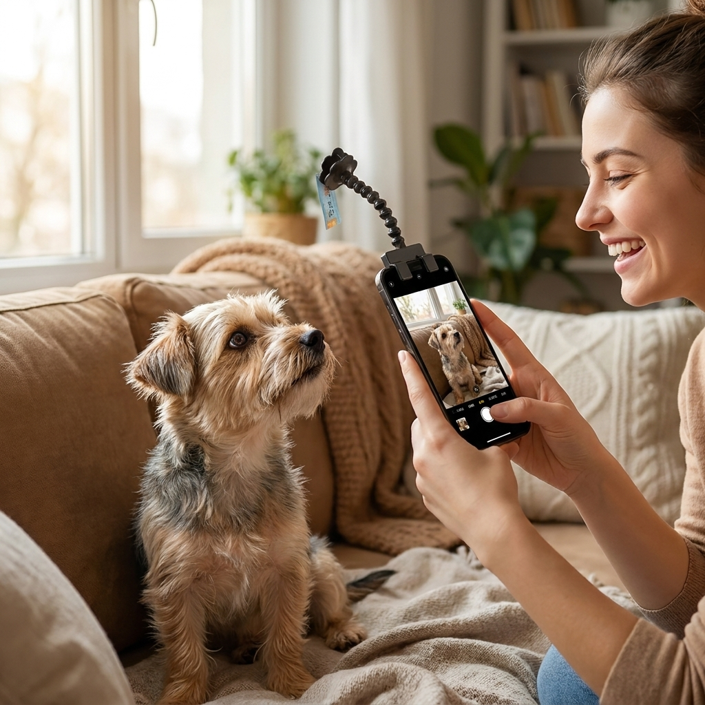 Woman photographing her dog using the Snap Dog Photo Clip