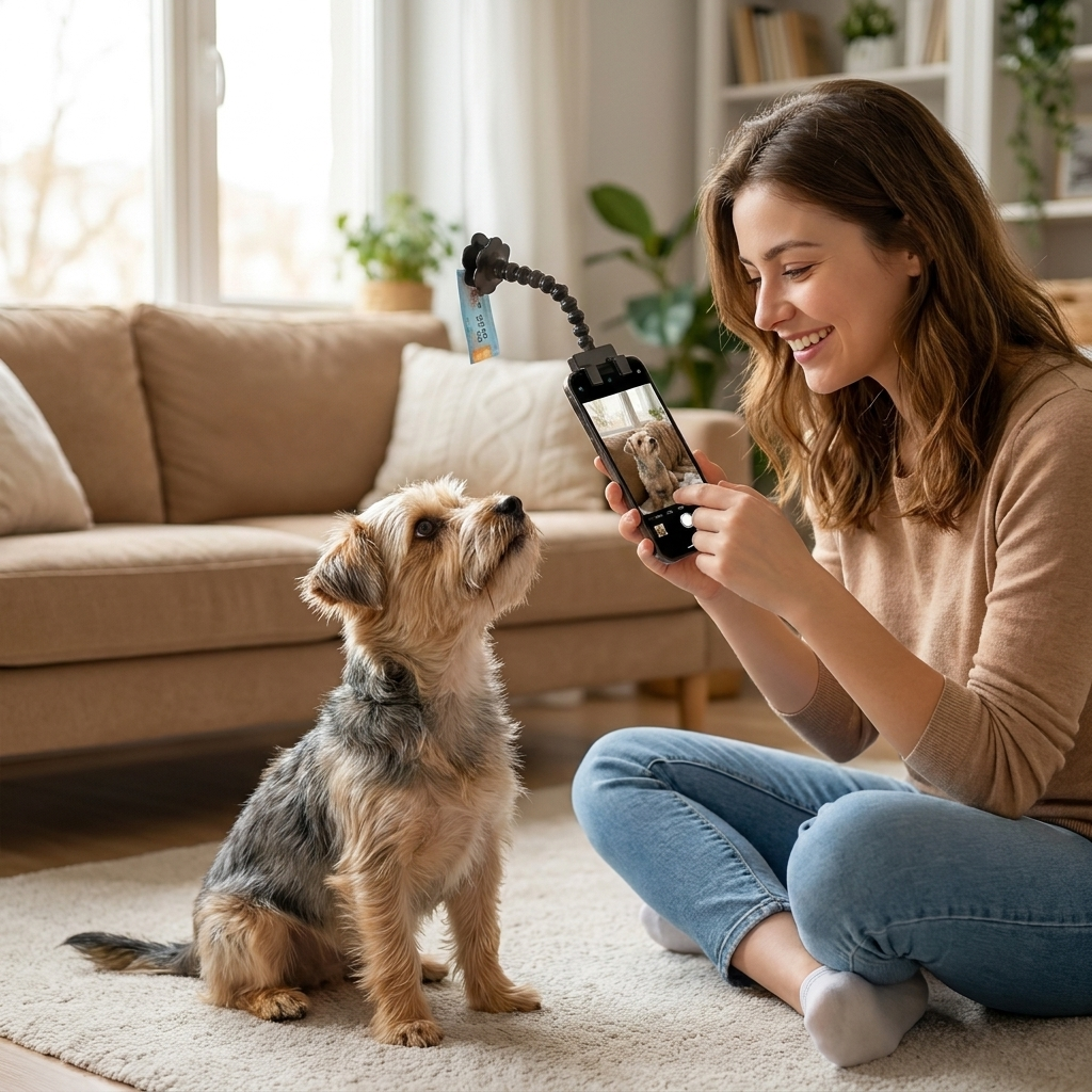 Woman photographing her dog on a rug with the Snap Dog Photo Clip