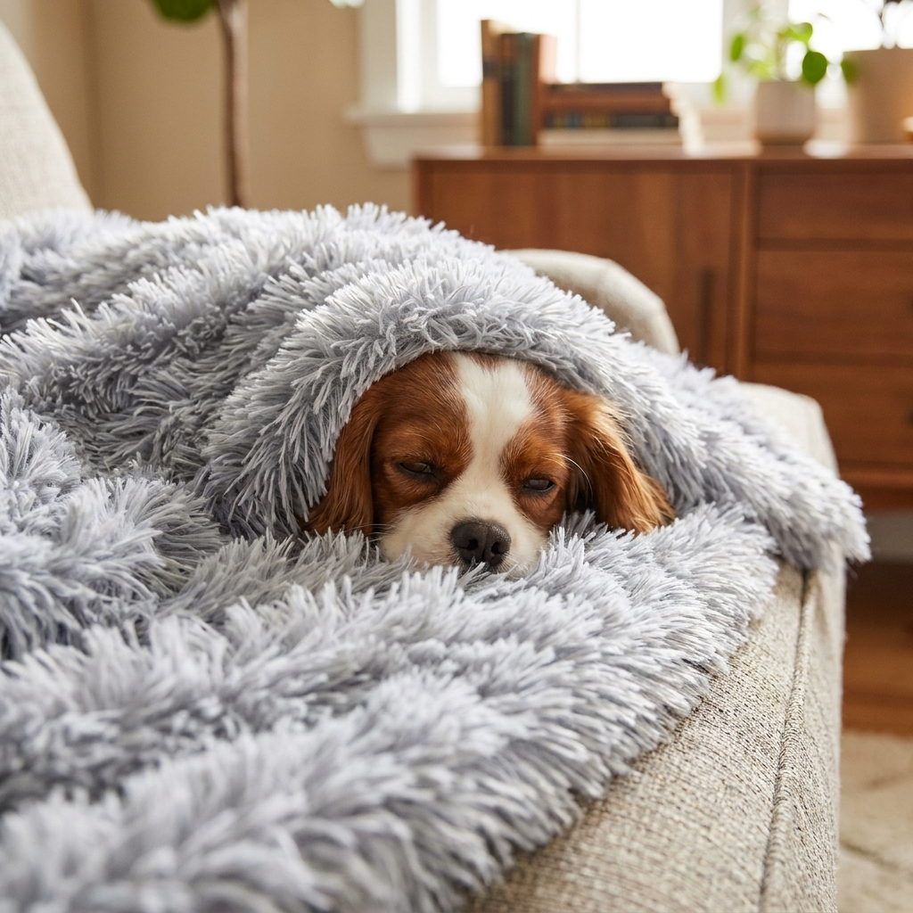 Cavalier King Charles Spaniel snuggled under a frost faux-fur calming dog blanket
