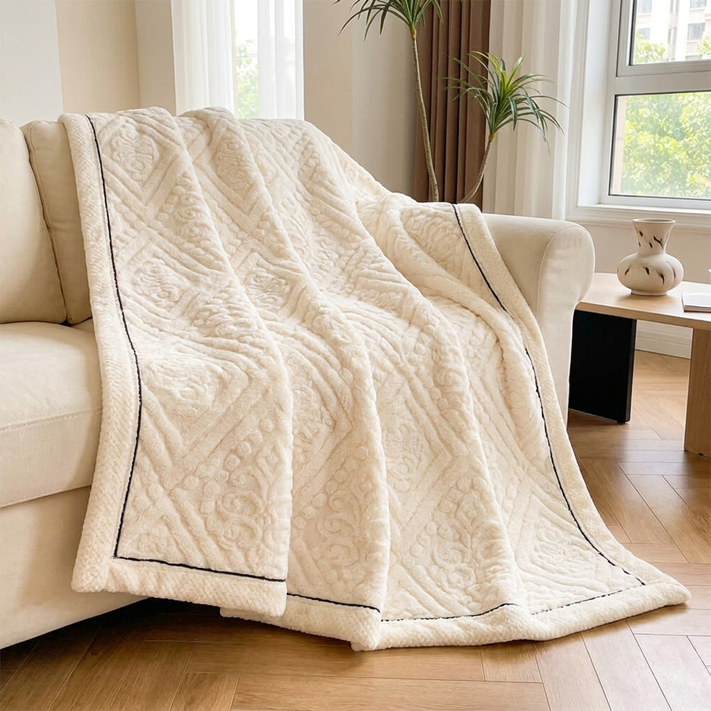 White baroque embossed velvet dog throw blanket draped over a sofa