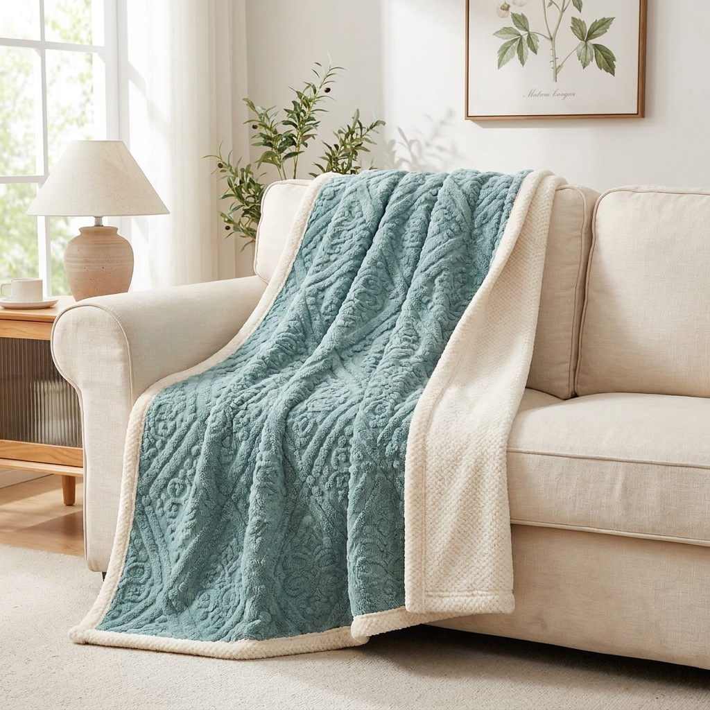 Blue baroque embossed velvet dog throw blanket draped over a sofa