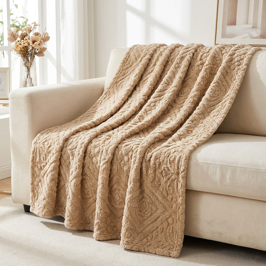 Khaki baroque embossed velvet dog throw blanket draped over a sofa