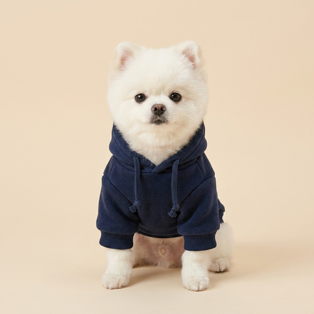 Pomeranian wearing a dark navy plush pullover dog hoodie