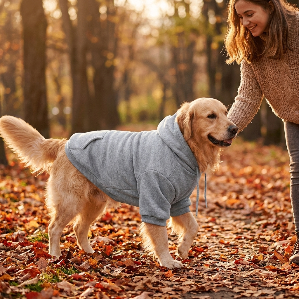 Golden Retriever in a gray plush dog hoodie on an autumn walk