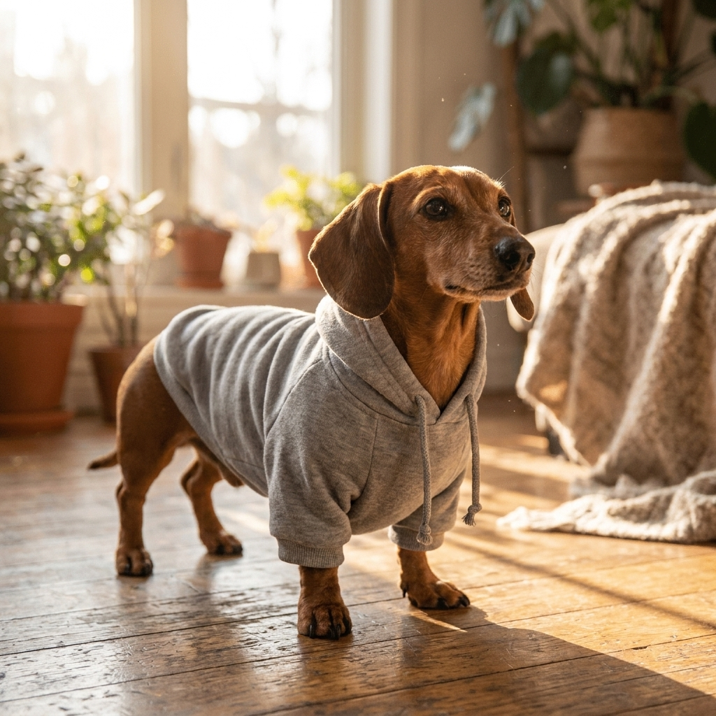 Dachshund in a gray plush dog hoodie by a sunny window