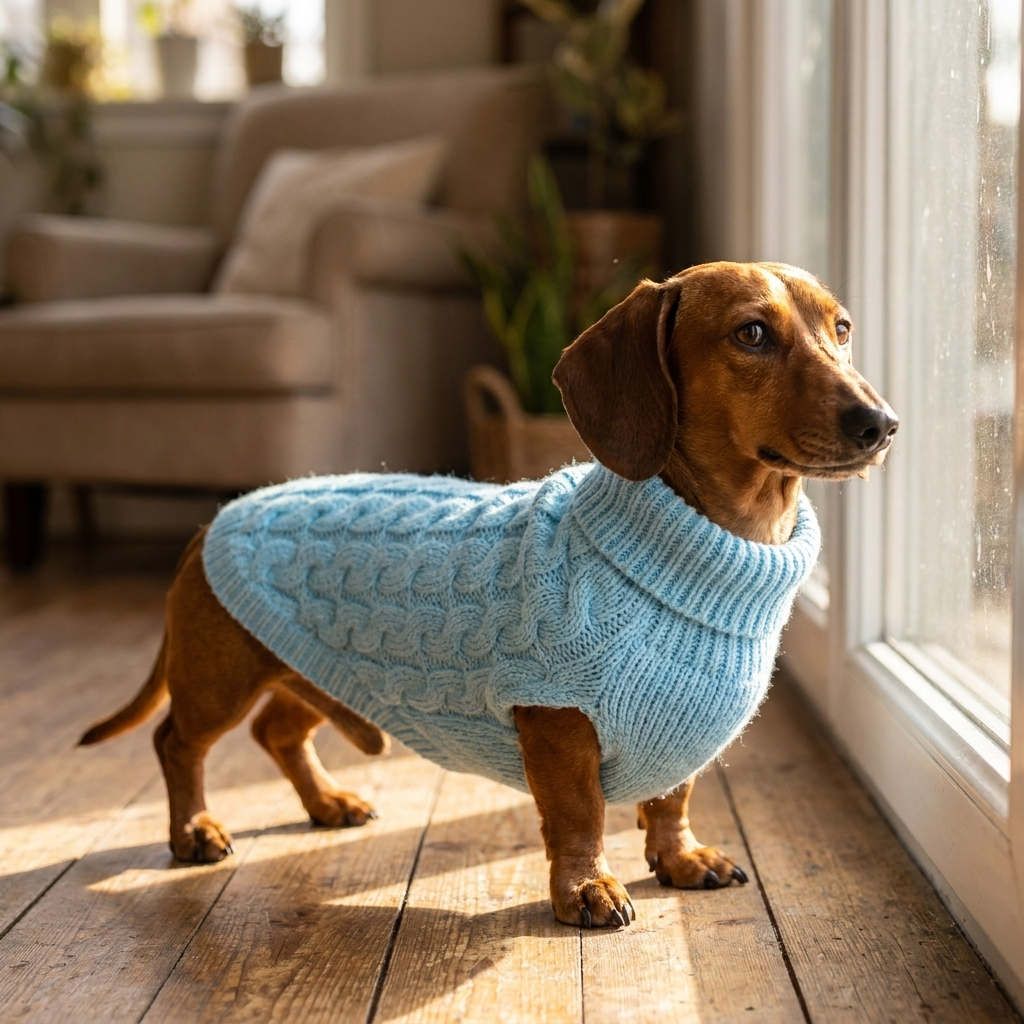 Dachshund in a light blue cable-knit turtleneck dog sweater by a window