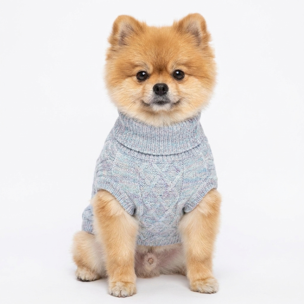 Pomeranian in a blue-grey marled knit turtleneck dog sweater