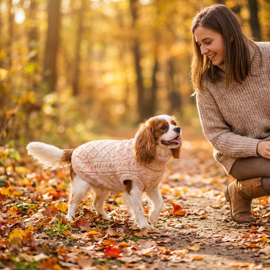 Cavalier King Charles Spaniel in a peach marled knit turtleneck dog sweater on an autumn walk