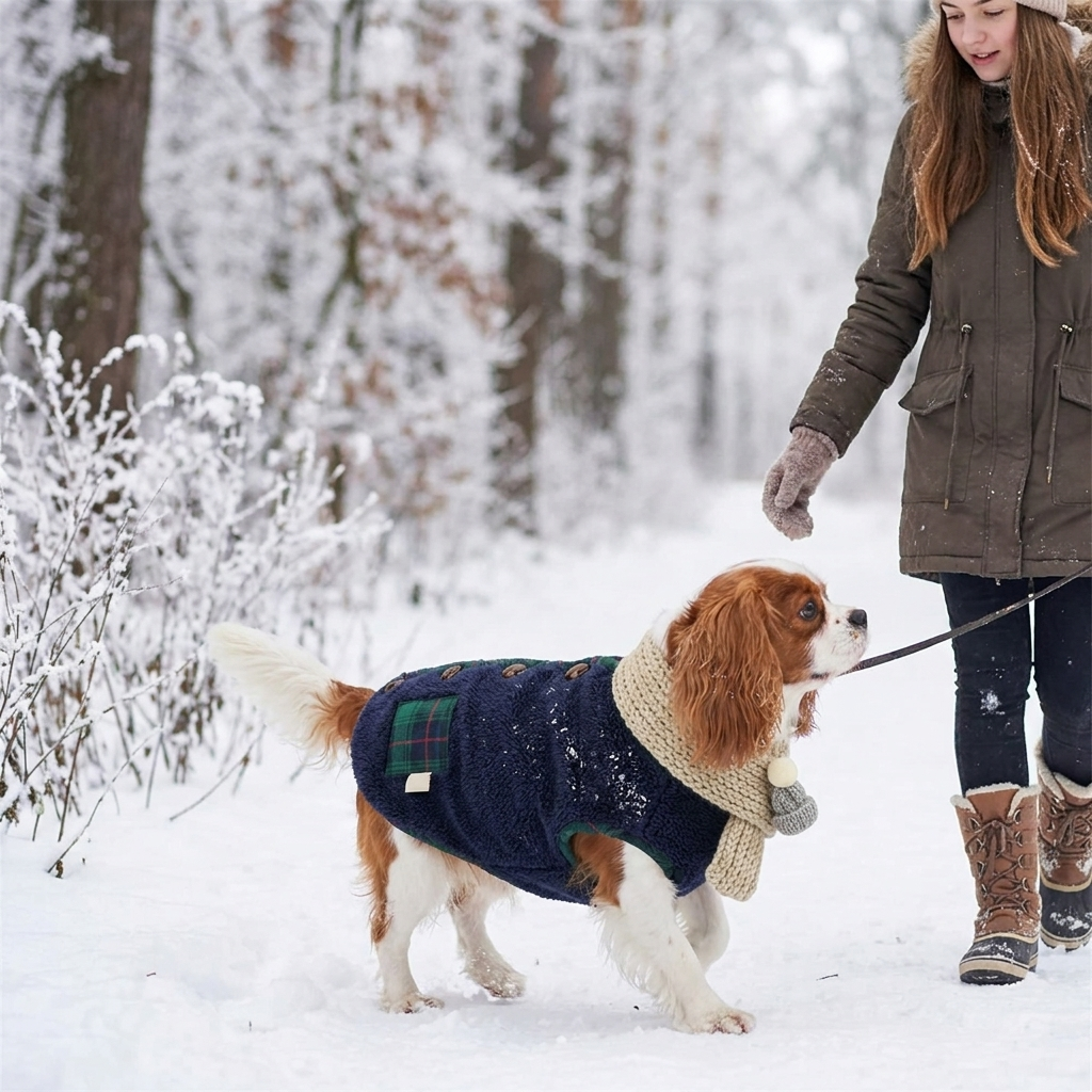 Cavalier King Charles Spaniel in a navy plaid fleece winter coat on a snowy walk