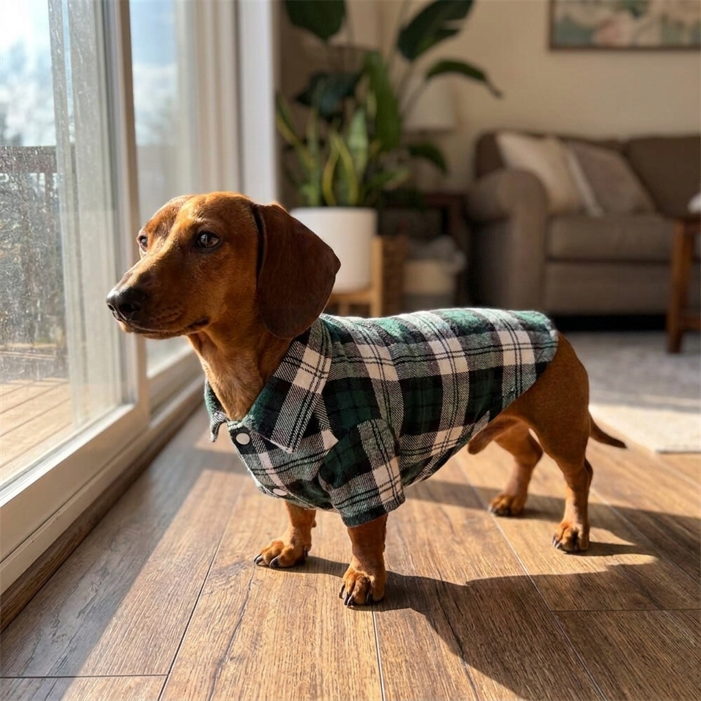 Dachshund in a green plaid flannel button-down dog shirt by a window