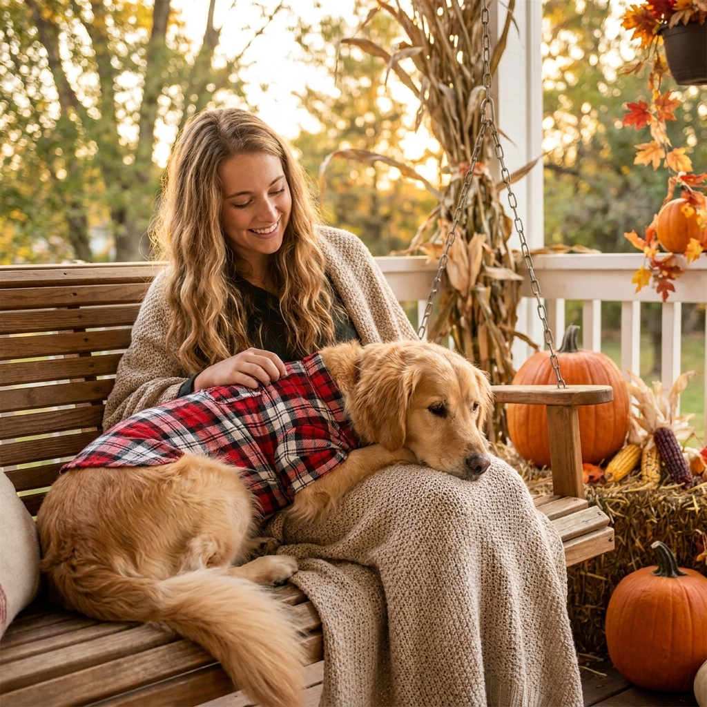 Woman with her Golden Retriever in a red plaid flannel dog shirt on an autumn porch