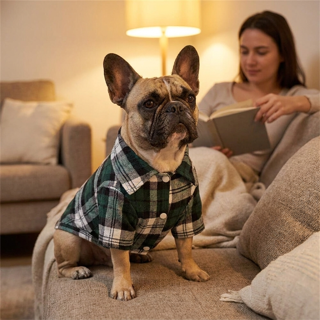 French Bulldog in a green plaid flannel dog shirt on a cozy couch