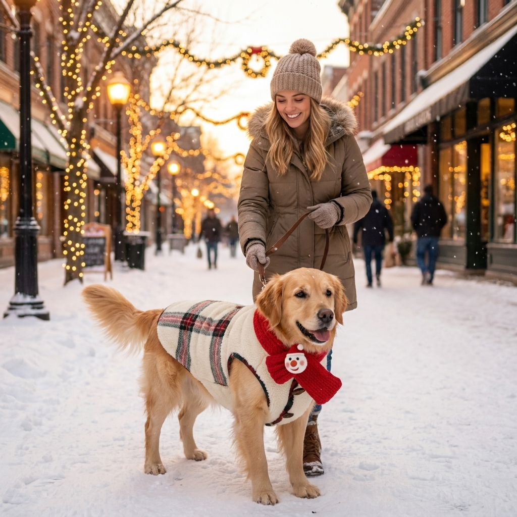 Woman walking her Golden Retriever in a cream plaid winter coat with red snowman scarf on a festive snowy street