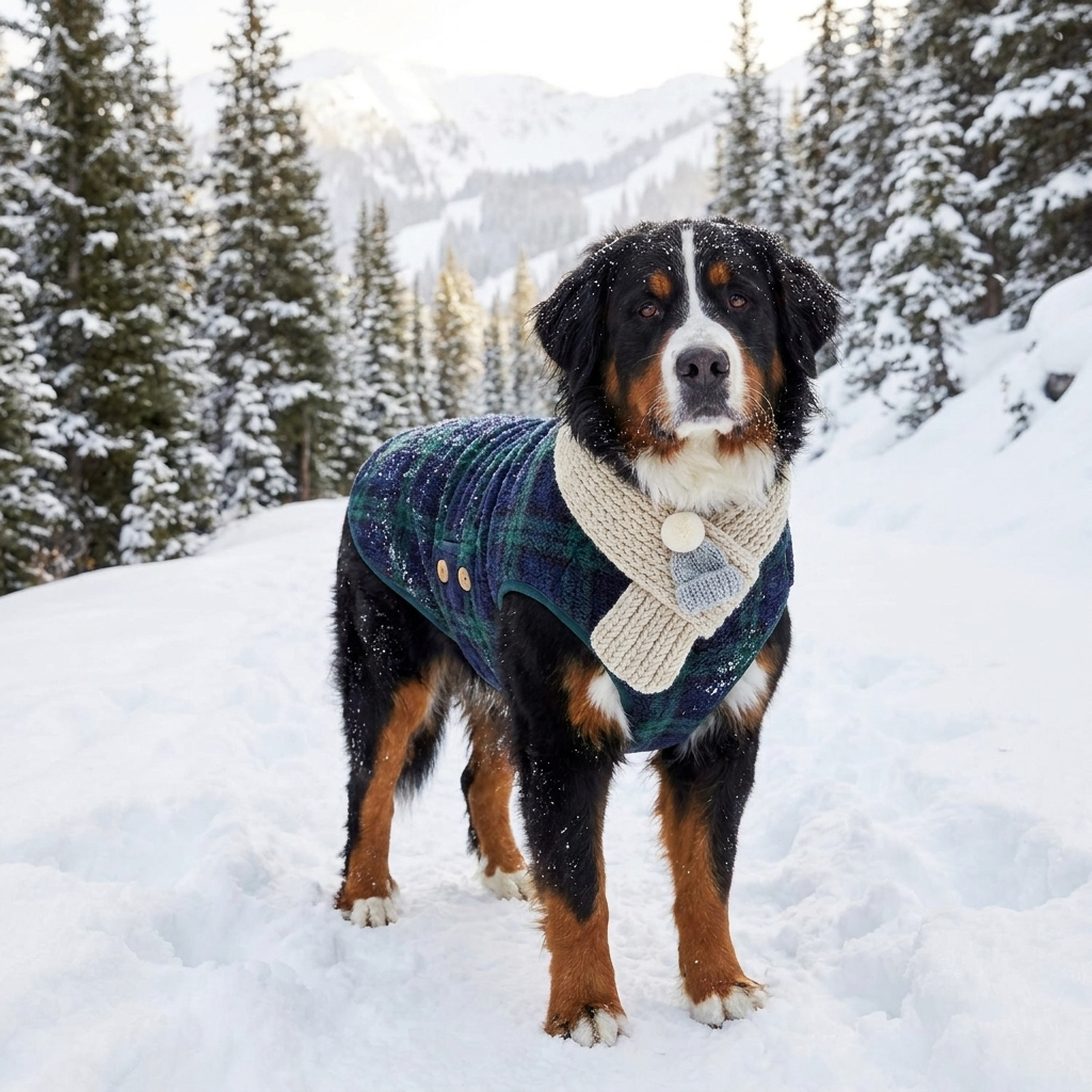 Bernese Mountain Dog in a navy plaid fleece winter coat on a snowy mountain trail