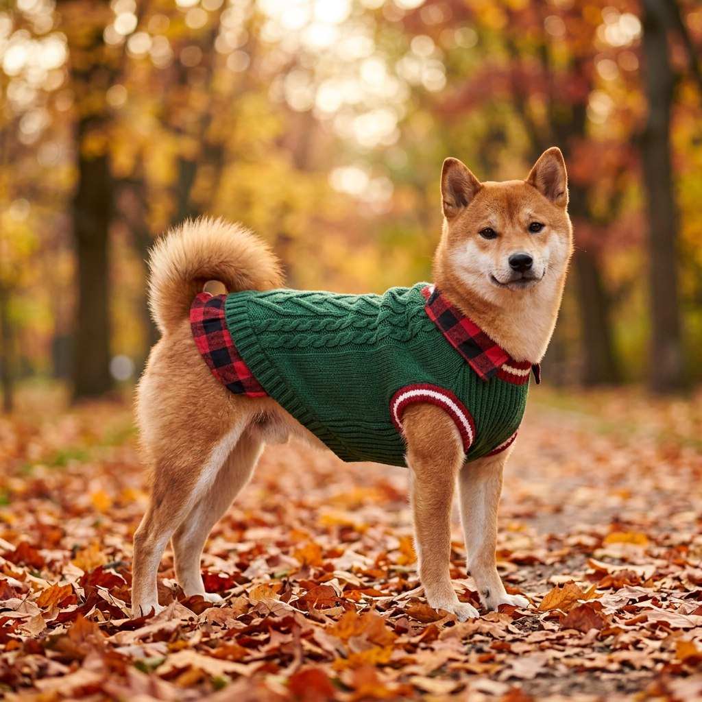 Shiba Inu in a green cable-knit dog sweater vest in an autumn park