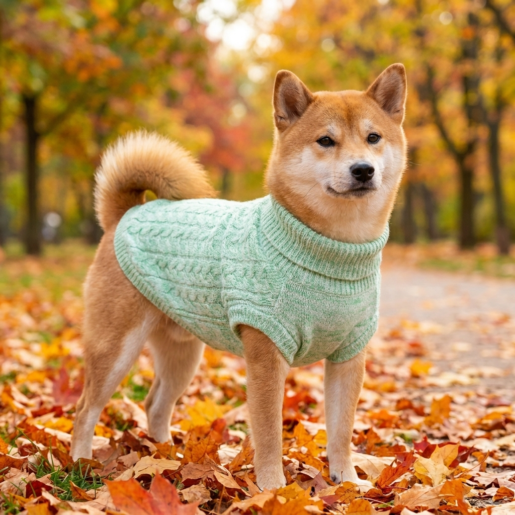 Shiba Inu in a mint green marled knit turtleneck dog sweater in an autumn park
