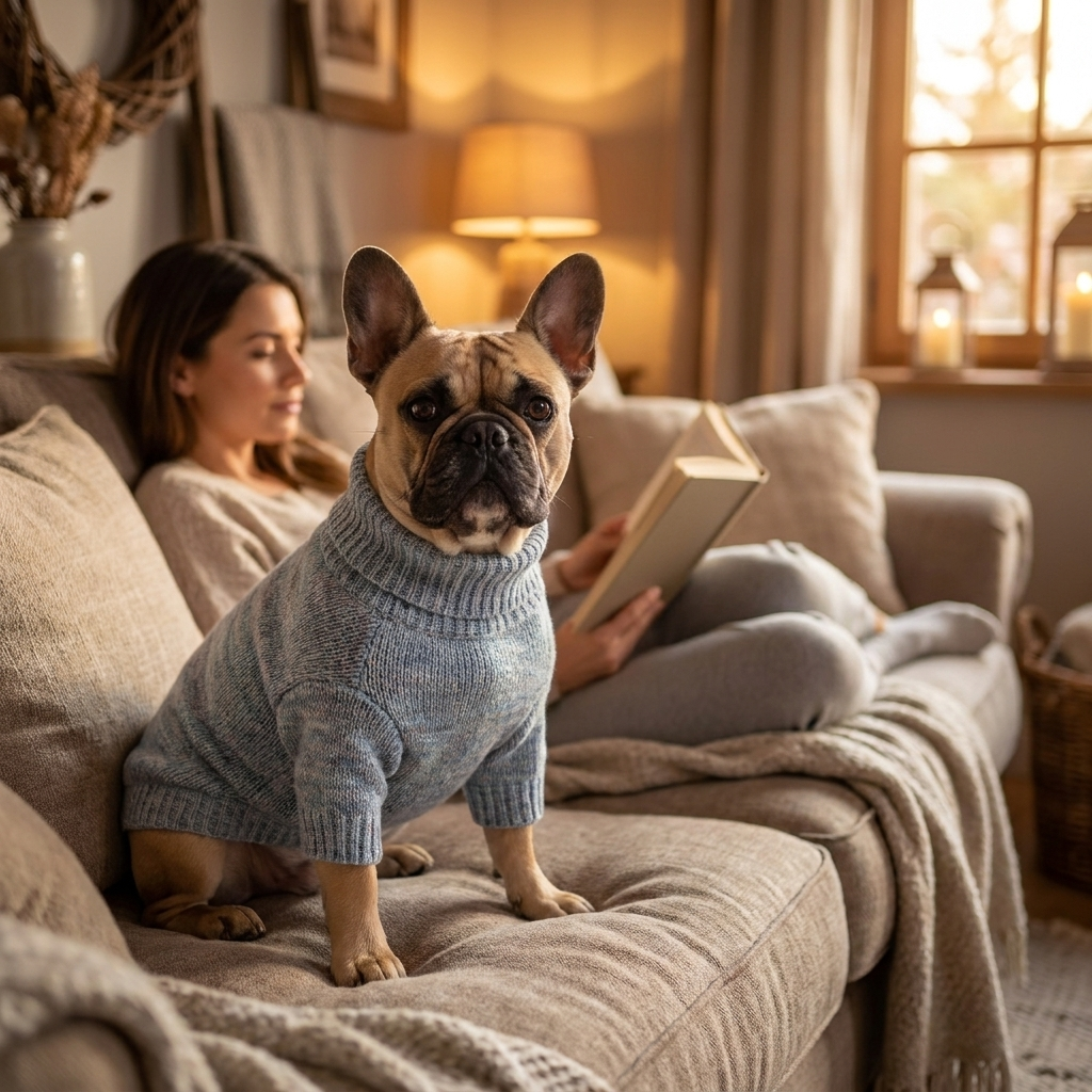 French Bulldog in a blue-grey marled knit turtleneck dog sweater on a cozy couch