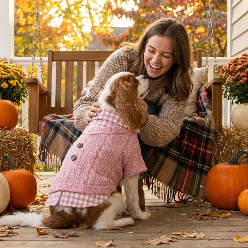 Woman with her Cavalier King Charles Spaniel in a pink plaid-collar cable-knit dog sweater on an autumn porch