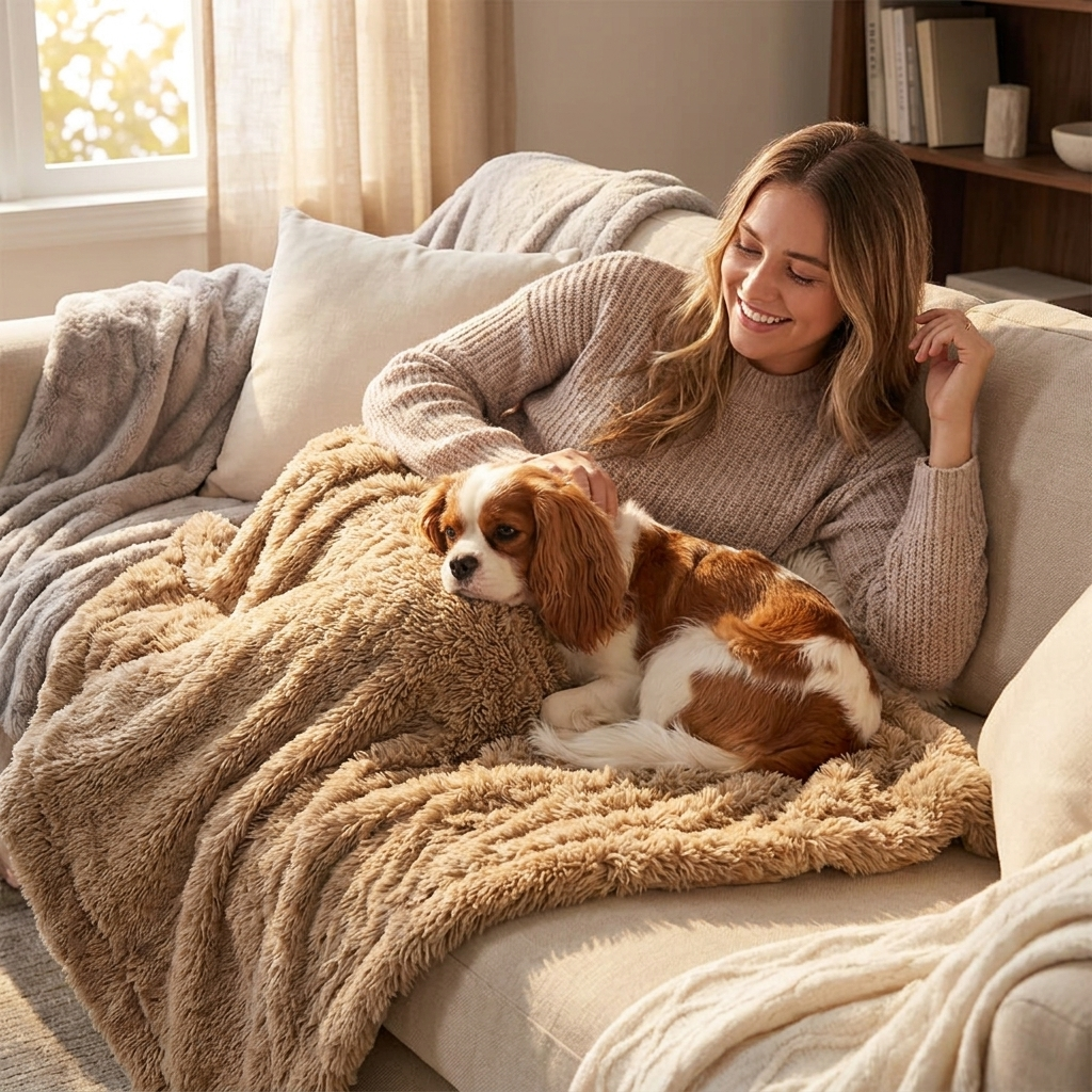 Woman on a sofa with her Cavalier King Charles Spaniel on a camel plush waterproof dog blanket