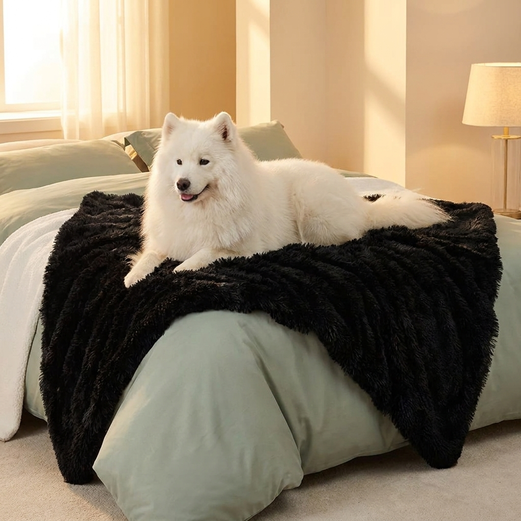 Samoyed lying on a black plush waterproof dog blanket on a bed