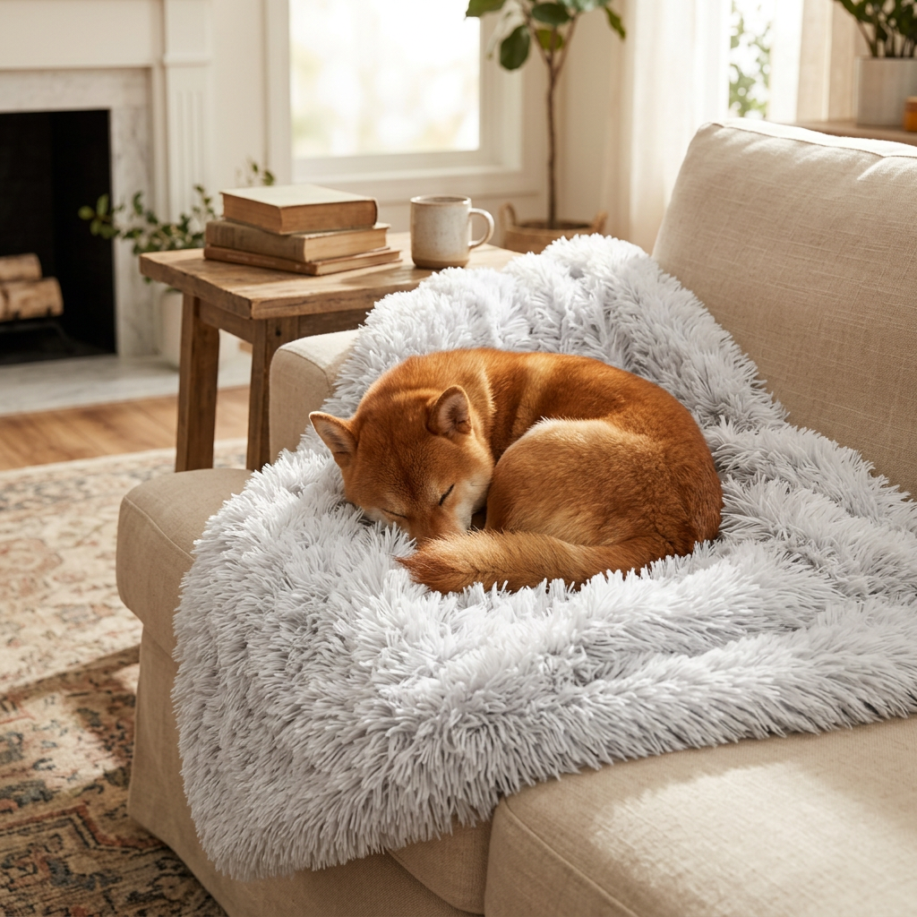 Shiba Inu curled up on a frost faux-fur calming dog blanket