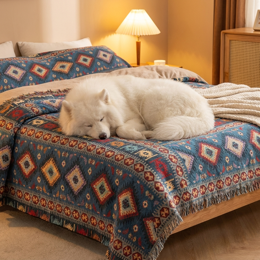 Samoyed resting on a blue Moroccan jacquard dog throw on a bed