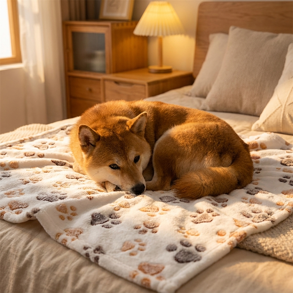 Shiba Inu resting on a white paw-print coral fleece dog blanket on a bed