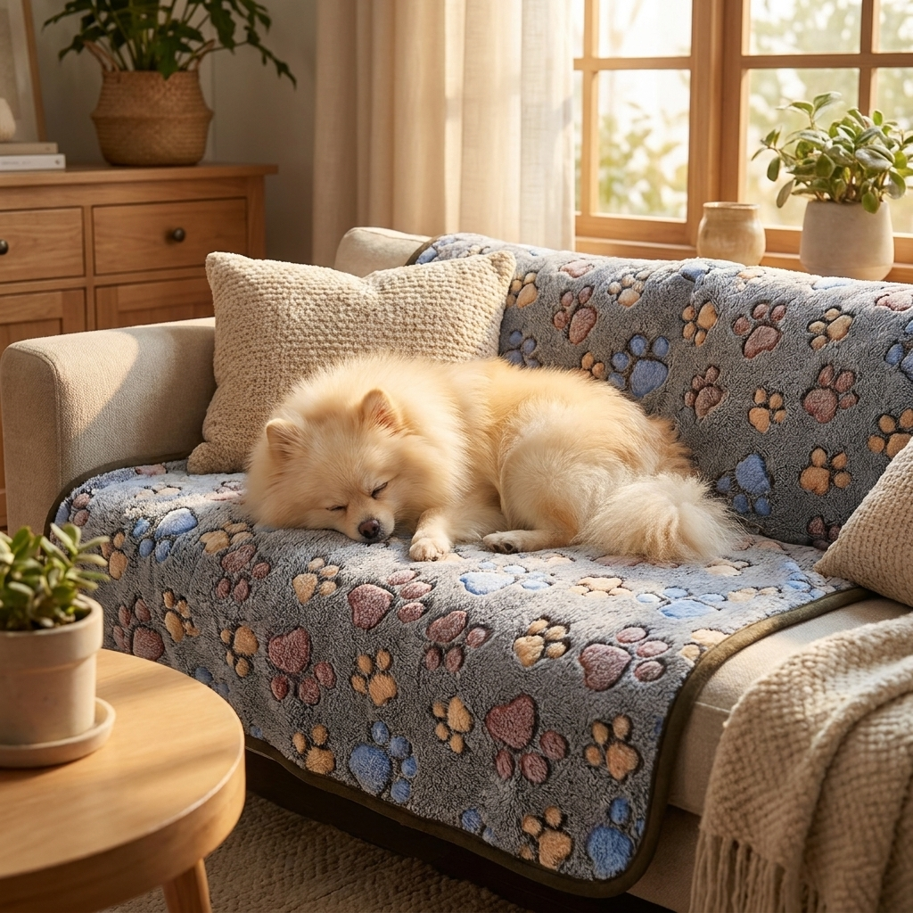 Pomeranian curled up on a gray paw-print coral fleece dog blanket