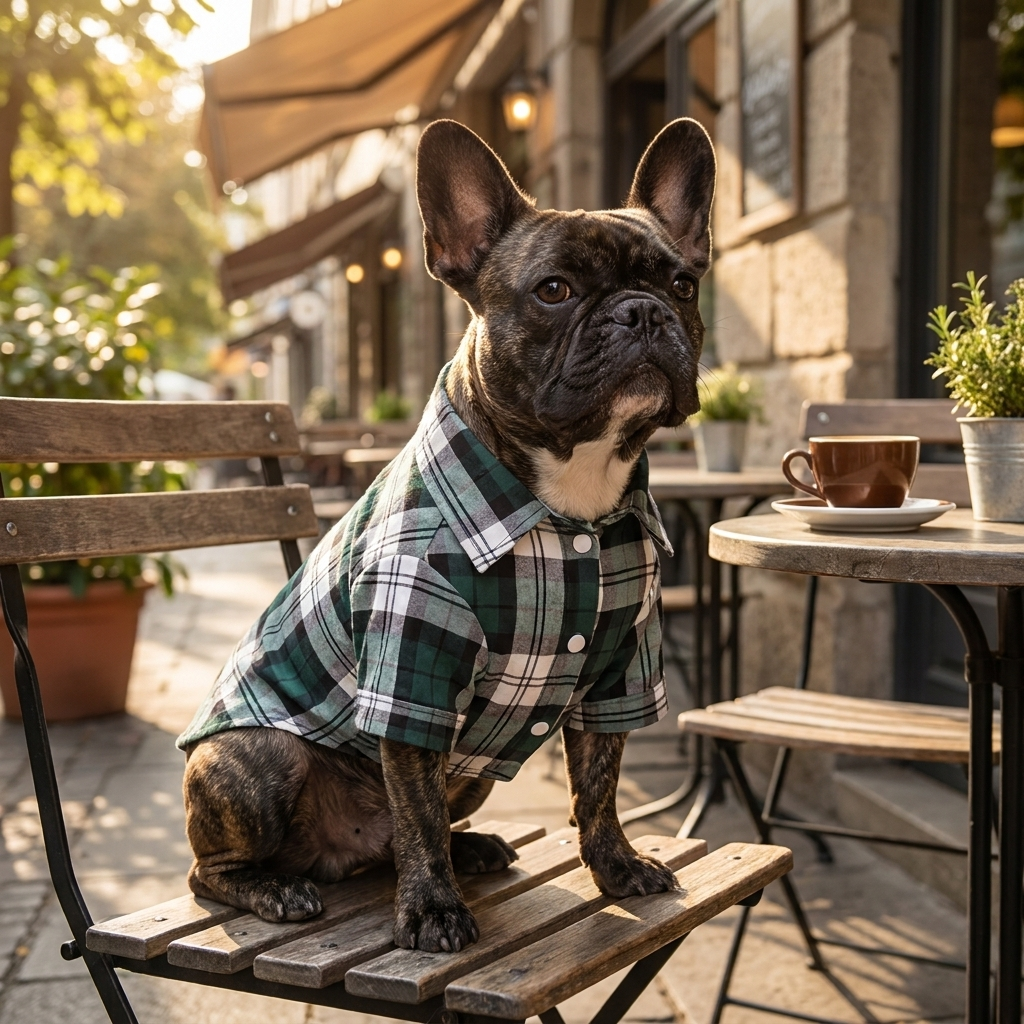 French Bulldog in a green plaid button-down dog shirt at a cafe patio