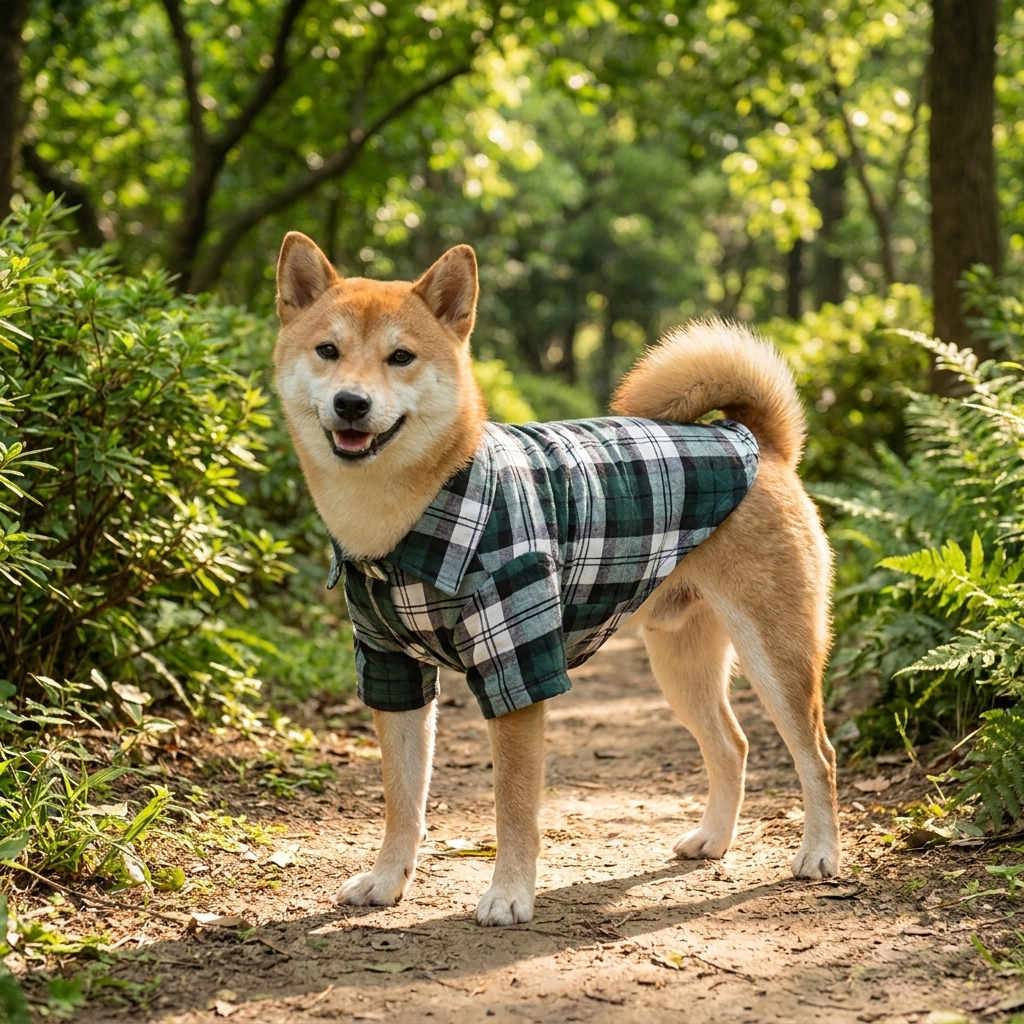 Shiba Inu in a green plaid button-down dog shirt on a park path