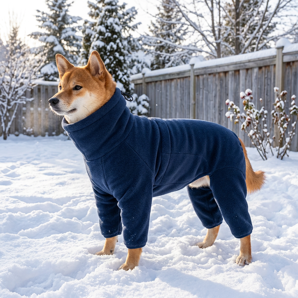 Shiba Inu in a navy fleece dog jumpsuit in a snowy backyard