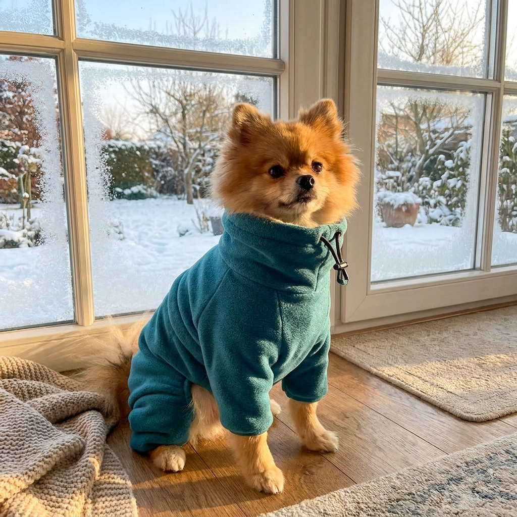Pomeranian in a turquoise fleece dog jumpsuit by a sunny window