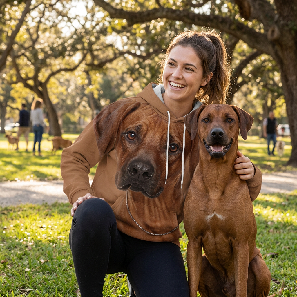 Woman in the Rhodesian Ridgeback big face hoodie with her Rhodesian Ridgeback in a park