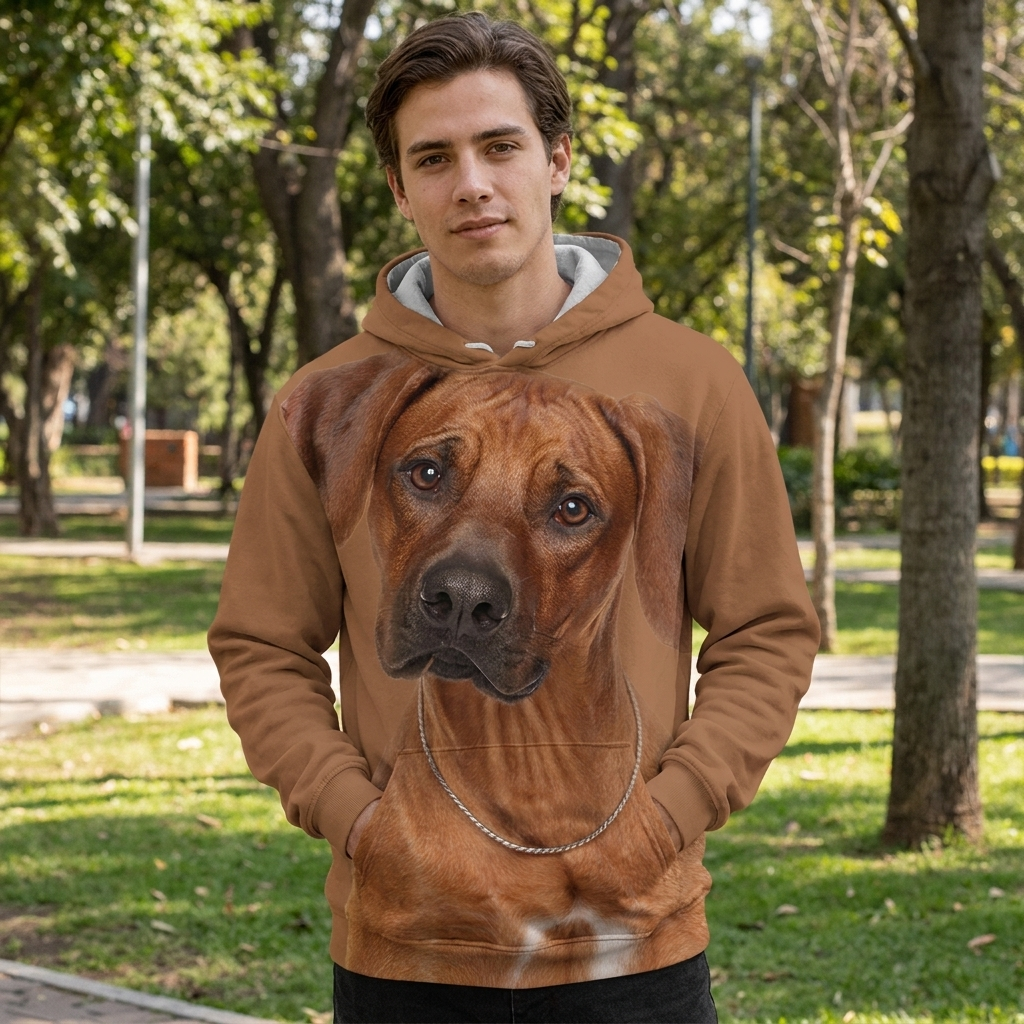 Man wearing the Rhodesian Ridgeback big face print hoodie outdoors