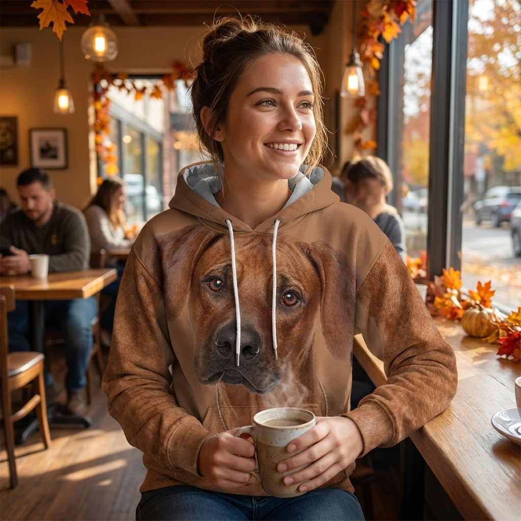 Woman wearing the Rhodesian Ridgeback big face hoodie at a cozy cafe
