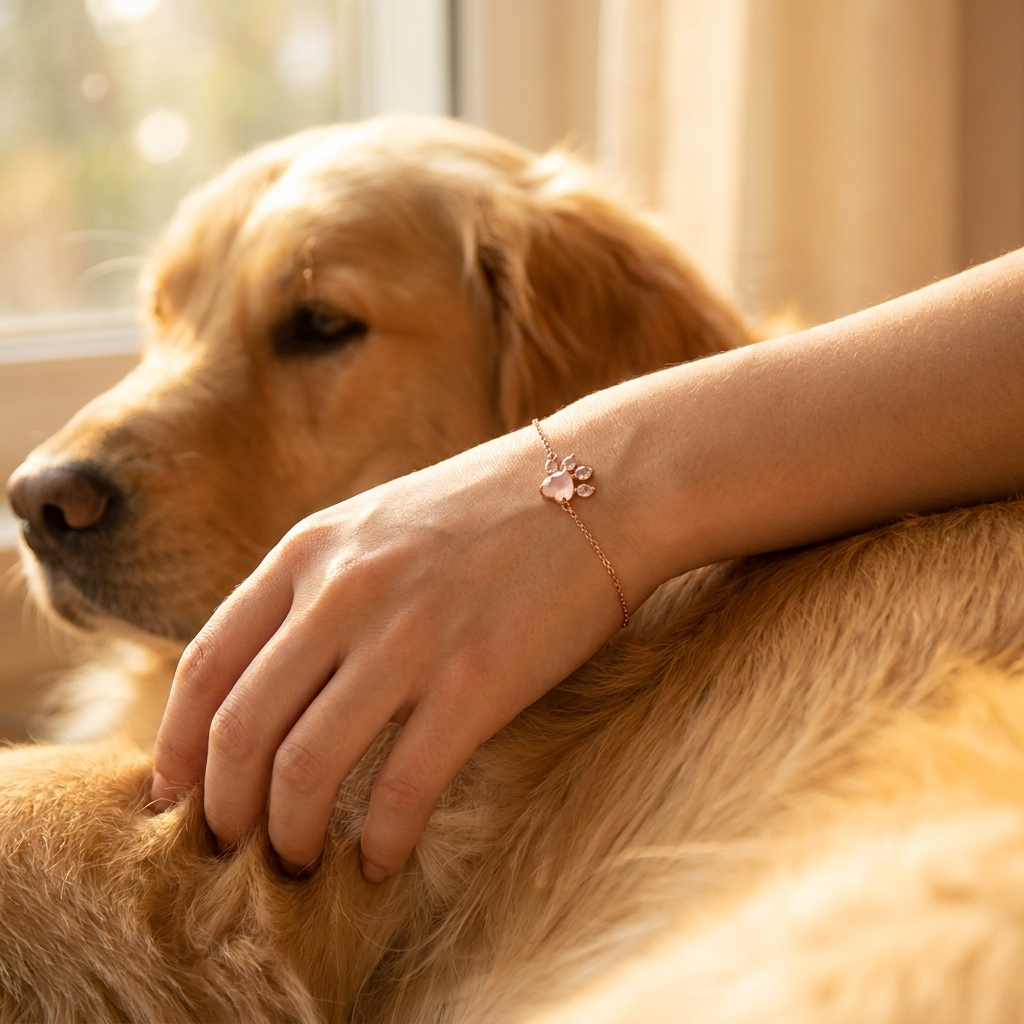 Rose quartz paw print bracelet on a woman's wrist resting on her Golden Retriever