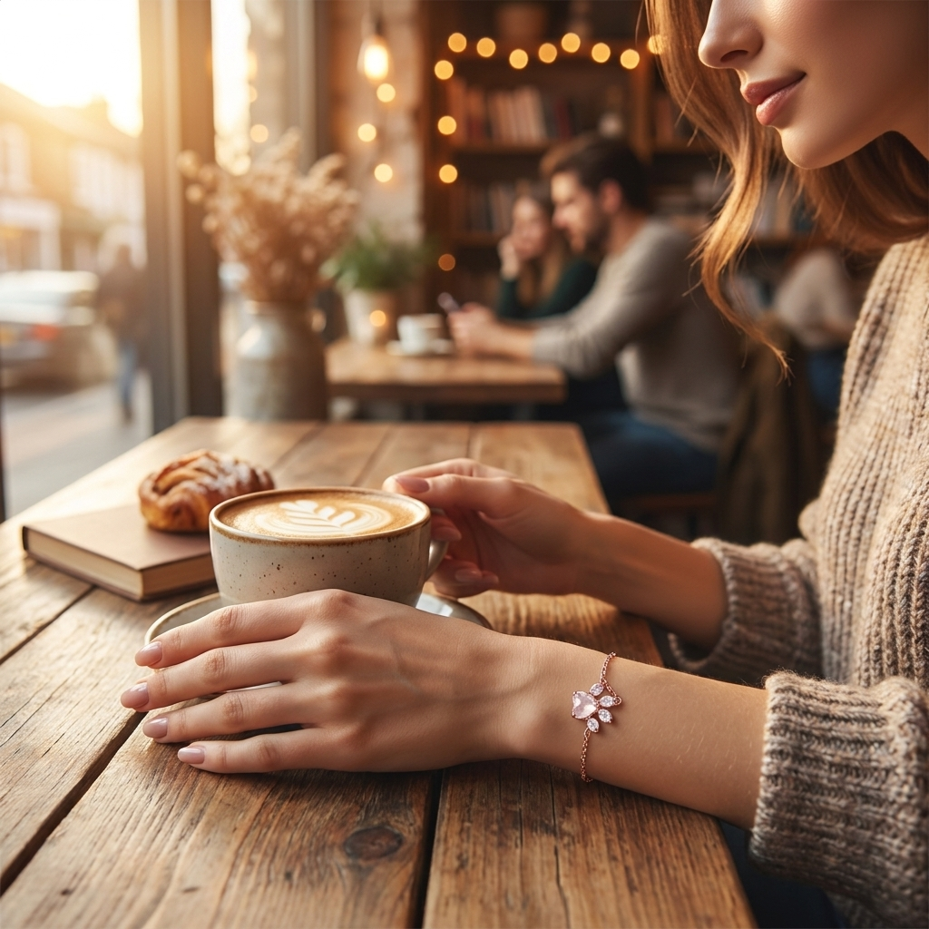 Woman wearing the rose quartz paw print bracelet at a cozy cafe