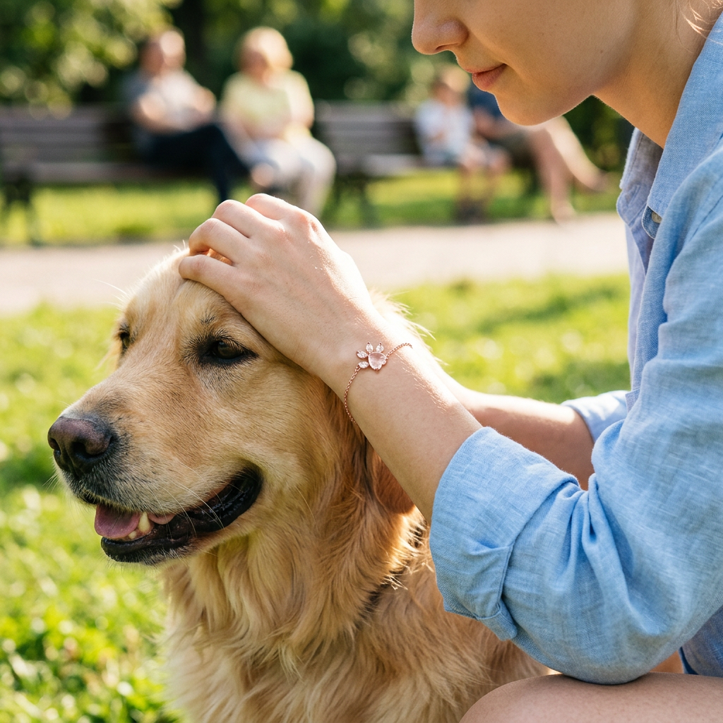 Woman wearing the rose quartz paw print bracelet while petting her dog outdoors