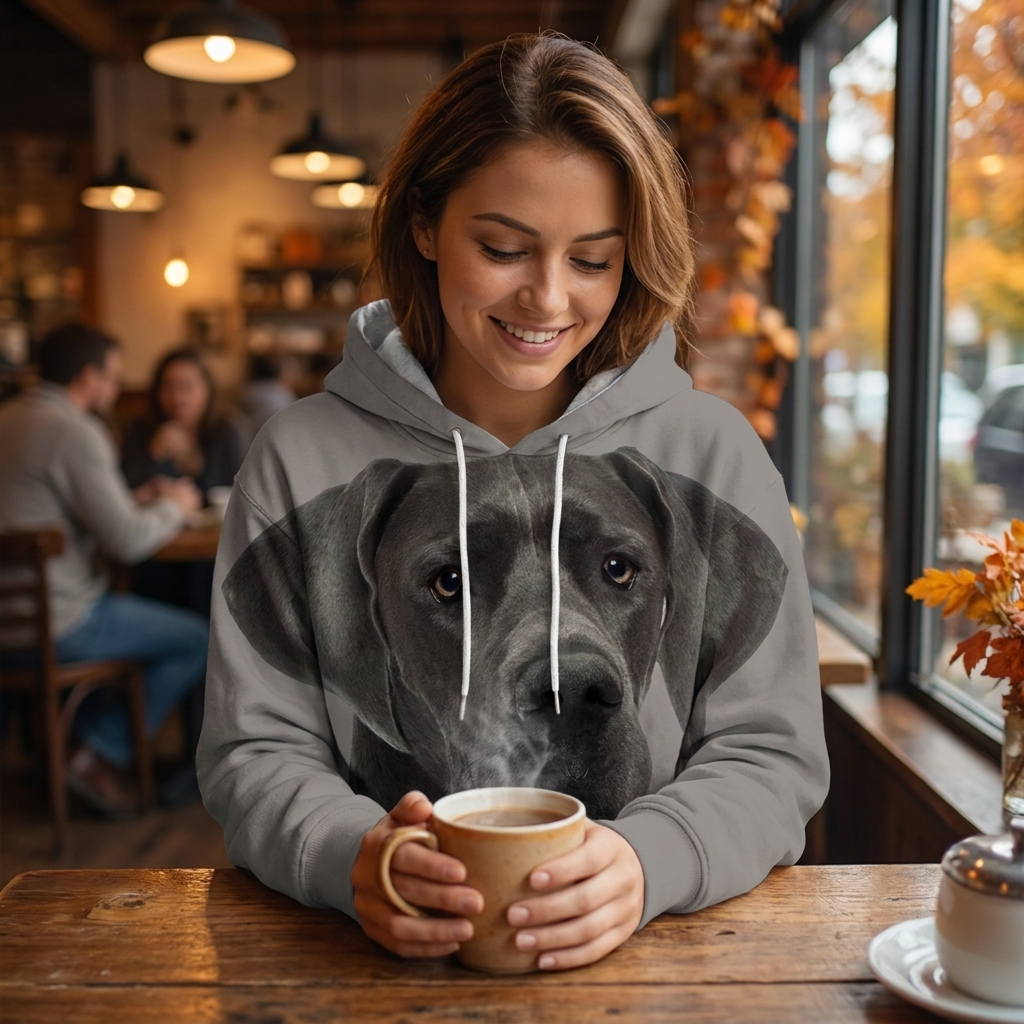 Woman wearing the Great Dane big face hoodie at a cozy cafe