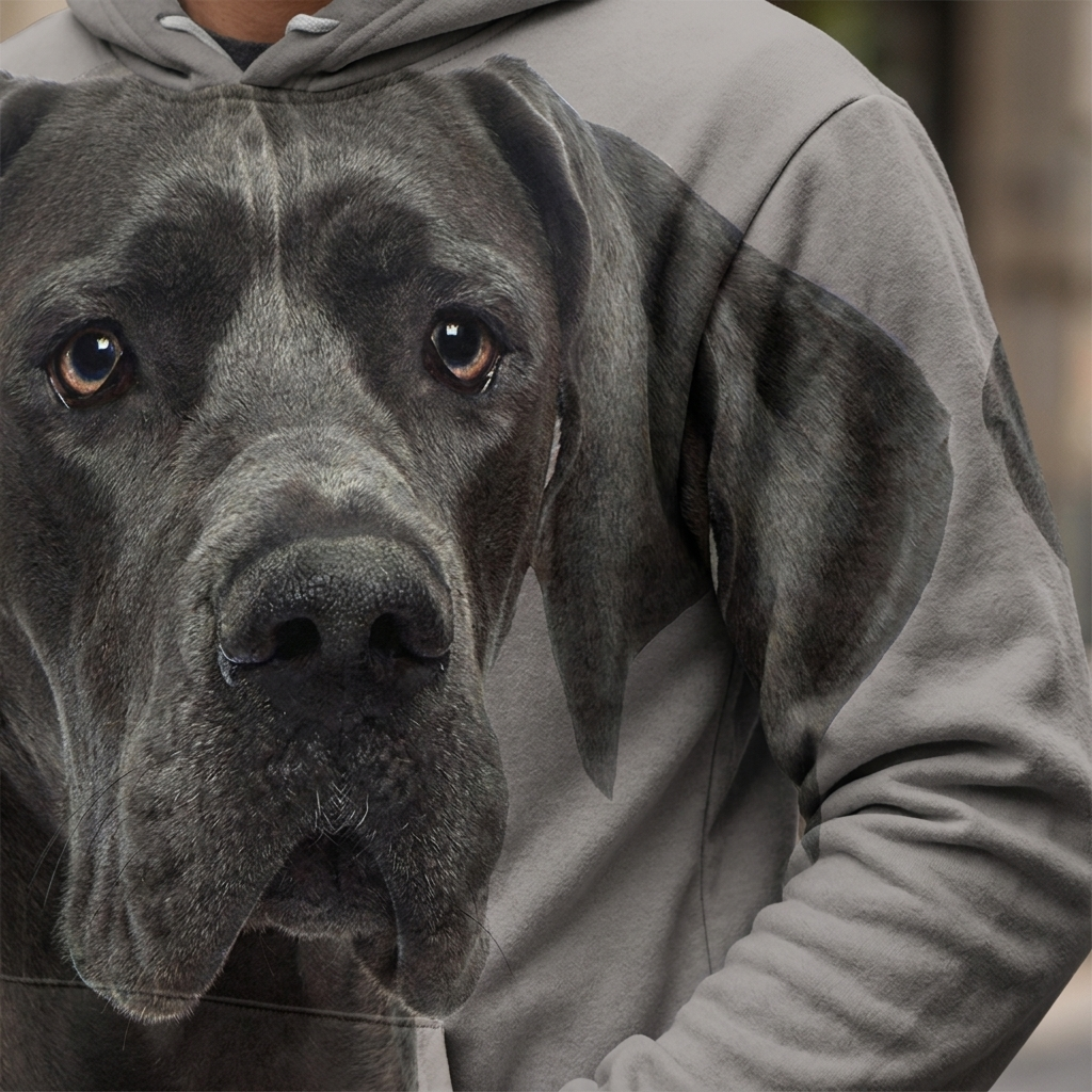 Close-up of the Great Dane high-definition print on the hoodie