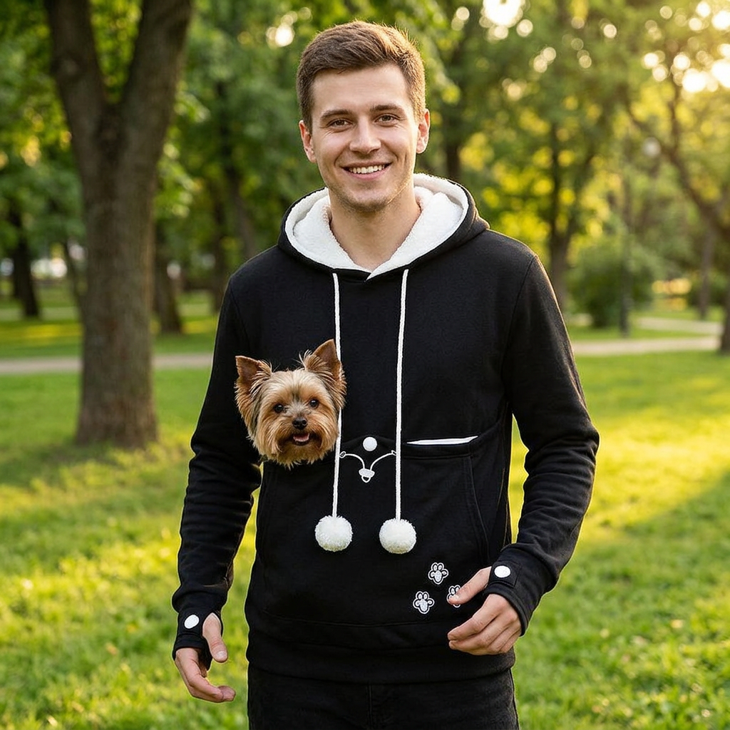 Man in the park with his Yorkshire Terrier in the black Nook dog carrier hoodie