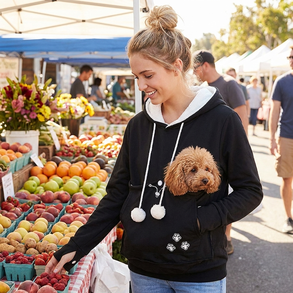 Woman at a market with her Poodle in the black Nook dog carrier hoodie