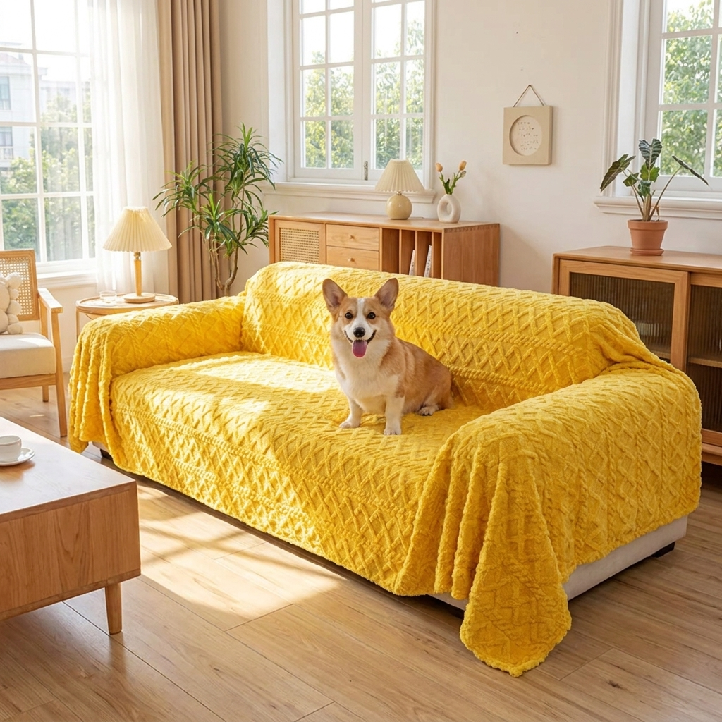 Corgi on the yellow Hearth fleece sofa cover