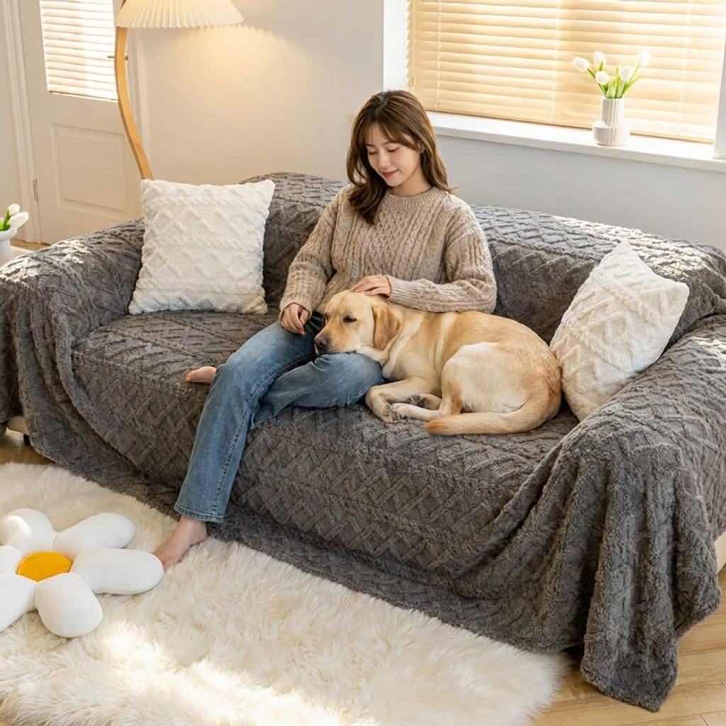 Woman and her Labrador on the gray Hearth fleece sofa cover